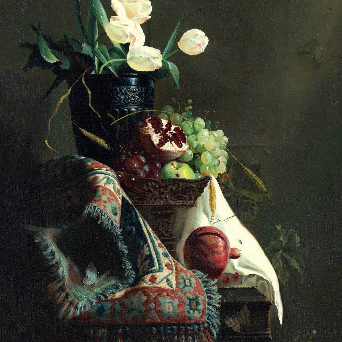 Floral Oil Painting - Tulips with Fruits and Textiles - Oil Painting Haven