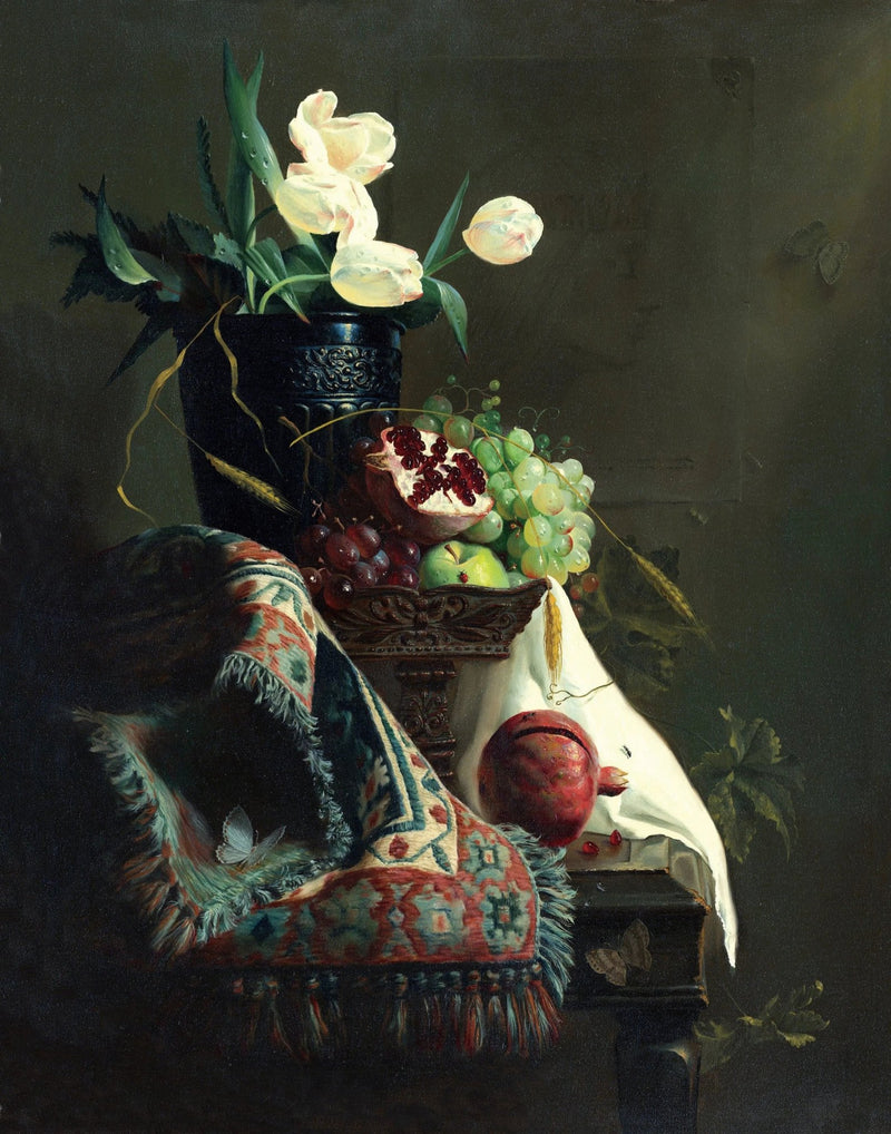 Floral Oil Painting - Tulips with Fruits and Textiles - Oil Painting Haven