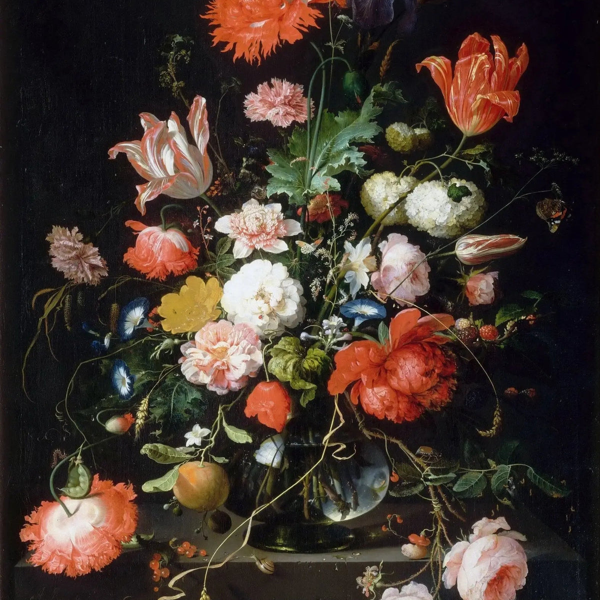 Floral Oil Painting - Vibrant Bouquet with Fruits and Insects - Oil Painting Haven