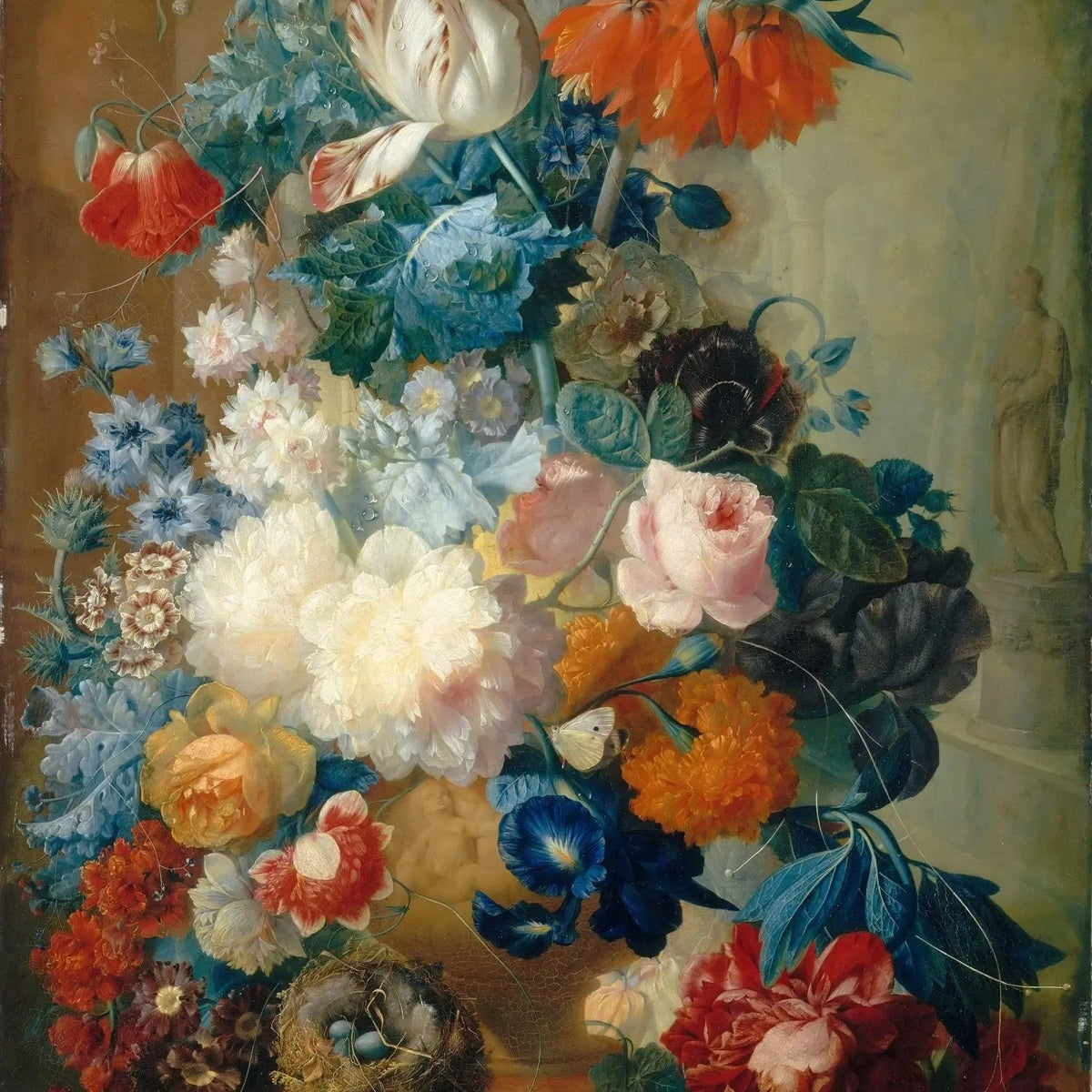 Floral Oil Painting - Vibrant Bouquet with Nest and Statue - Oil Painting Haven