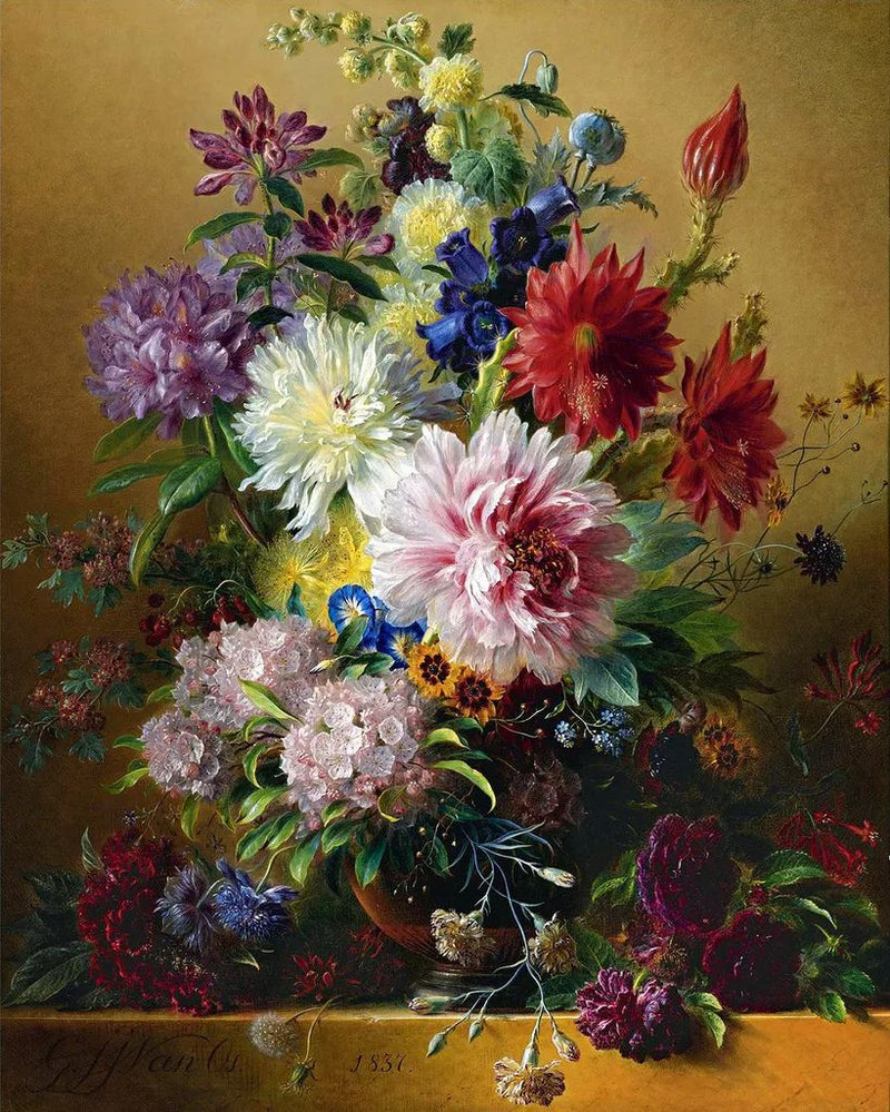 Floral Oil Painting - Vibrant Peony and Garden Flower Bouquet