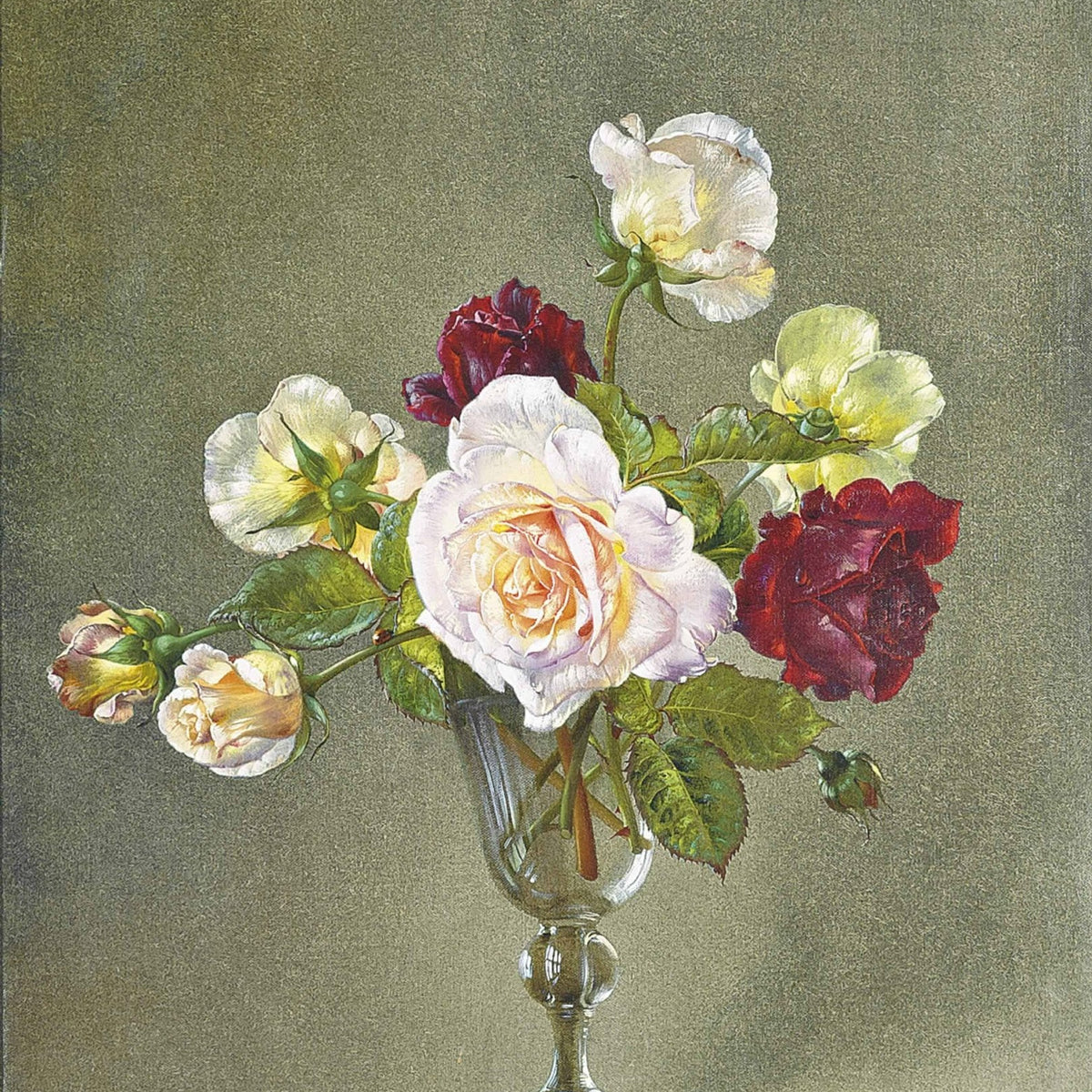 Floral Oil Painting - White and Red Roses in Glass Vase Art - Oil Painting Haven