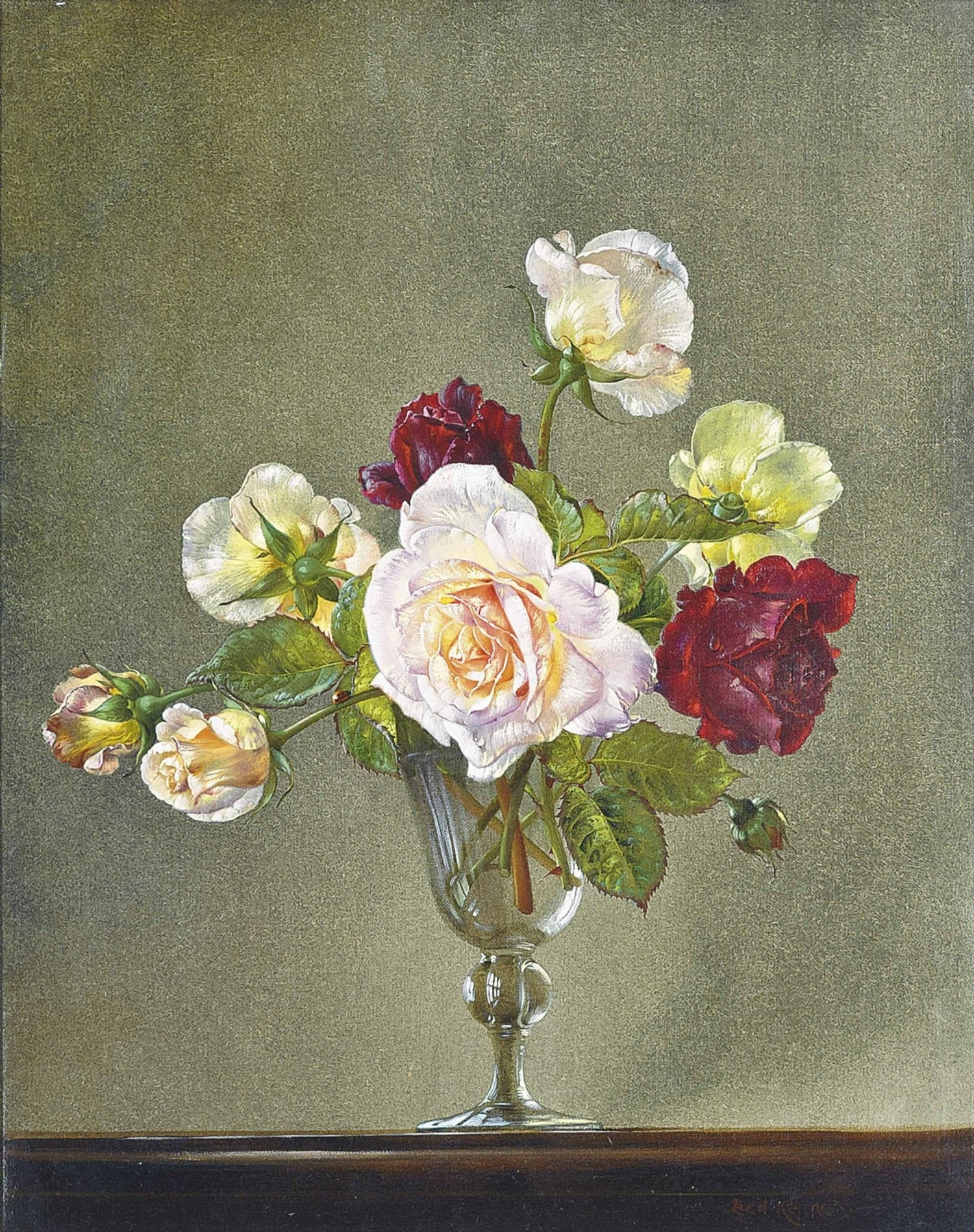 Floral Oil Painting - White and Red Roses in Glass Vase Art - Oil Painting Haven