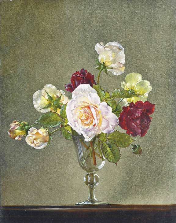 Floral Oil Painting - White and Red Roses in Glass Vase Art - Oil Painting Haven