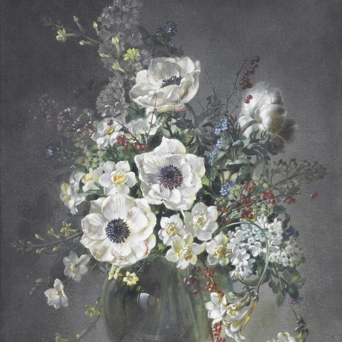 Floral Oil Painting - White Anemones in Glass Vase Still Life - Oil Painting Haven