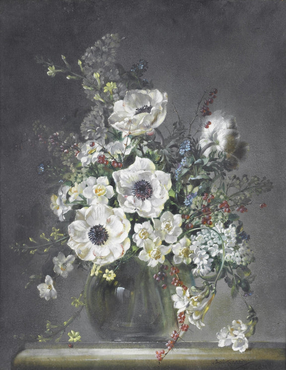 Floral Oil Painting - White Anemones in Glass Vase Still Life - Oil Painting Haven