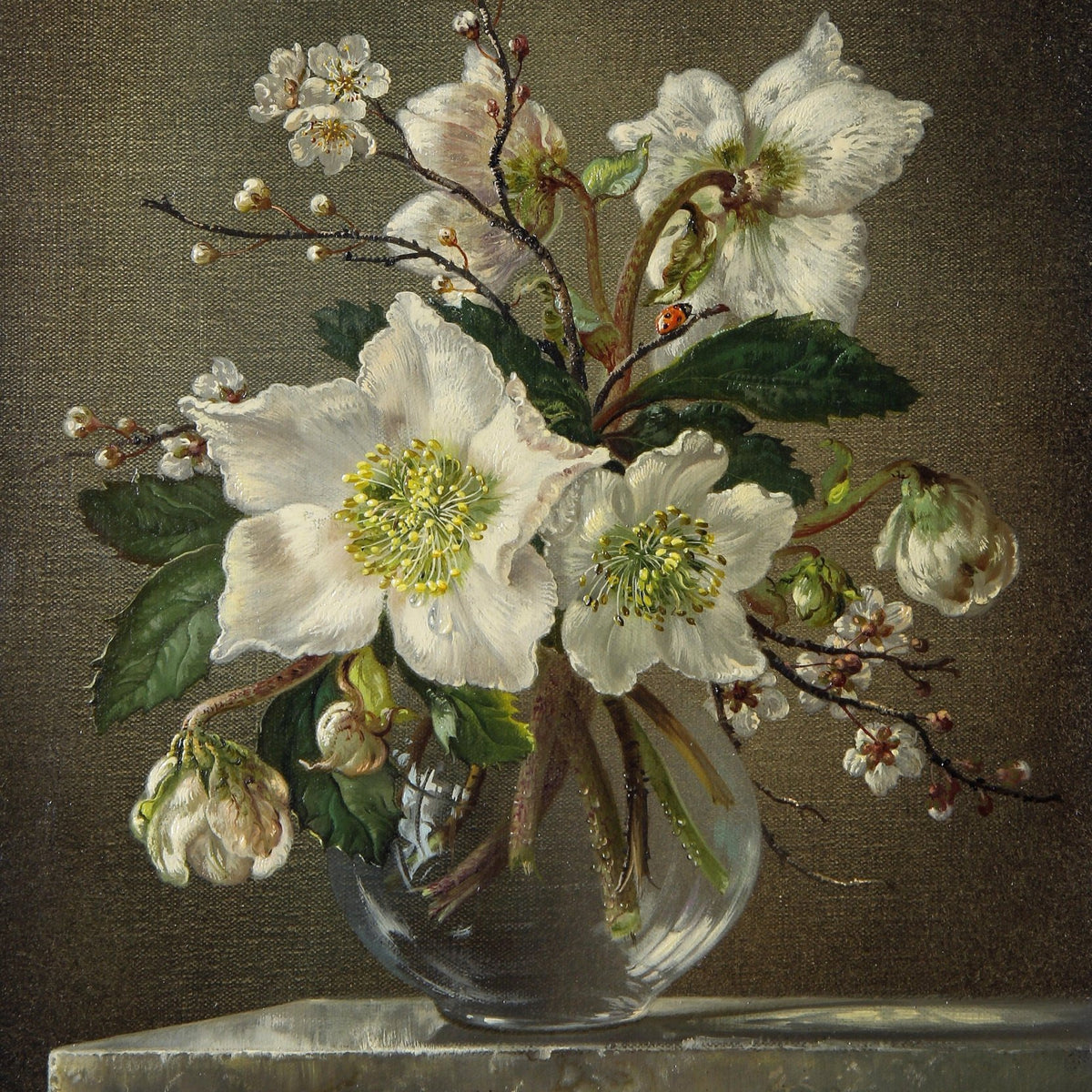 Floral Oil Painting - White Blossoms in Glass Vase Still Life - Oil Painting Haven