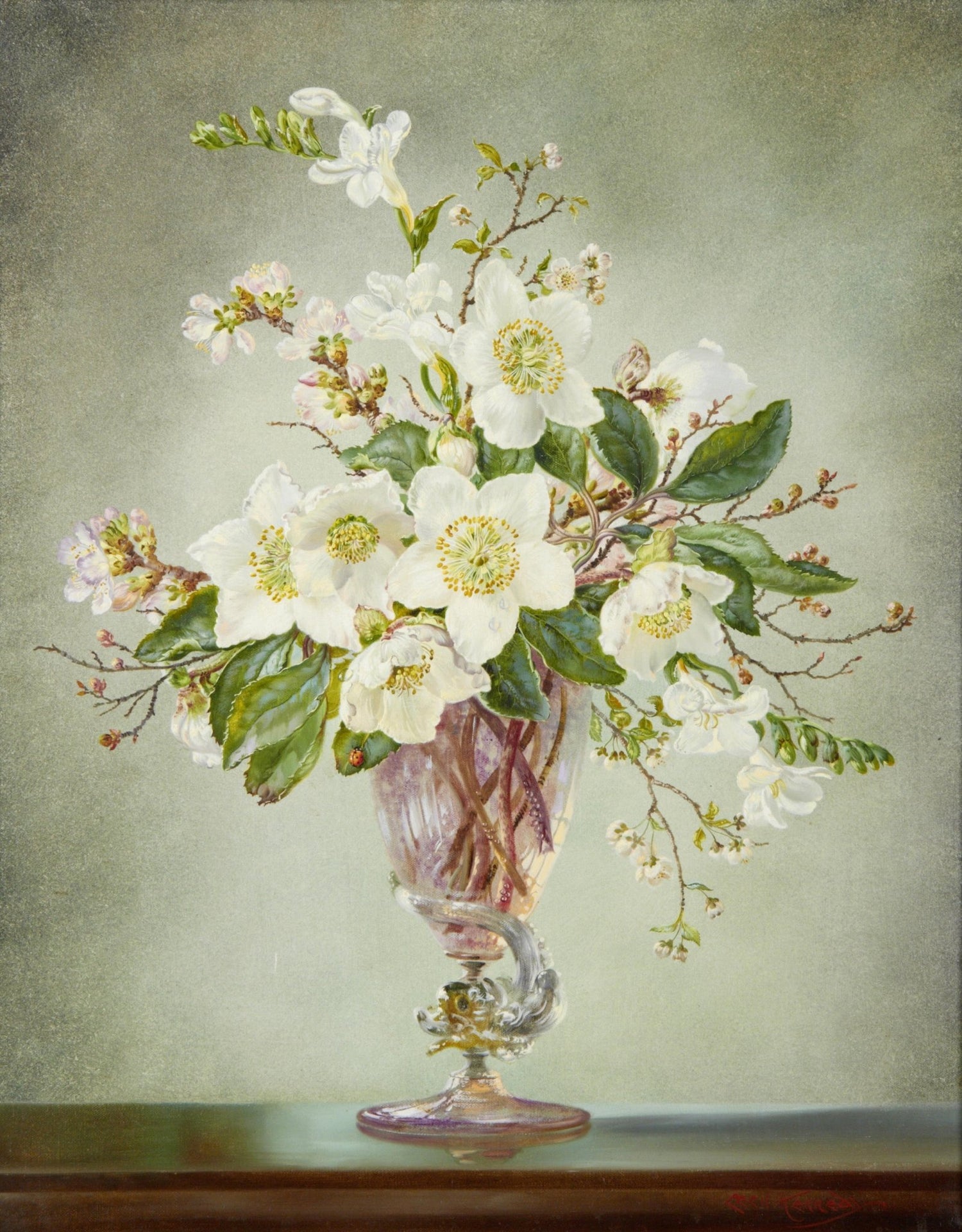 Floral Oil Painting - White Blossoms in Glass Vase Still Life - Oil Painting Haven