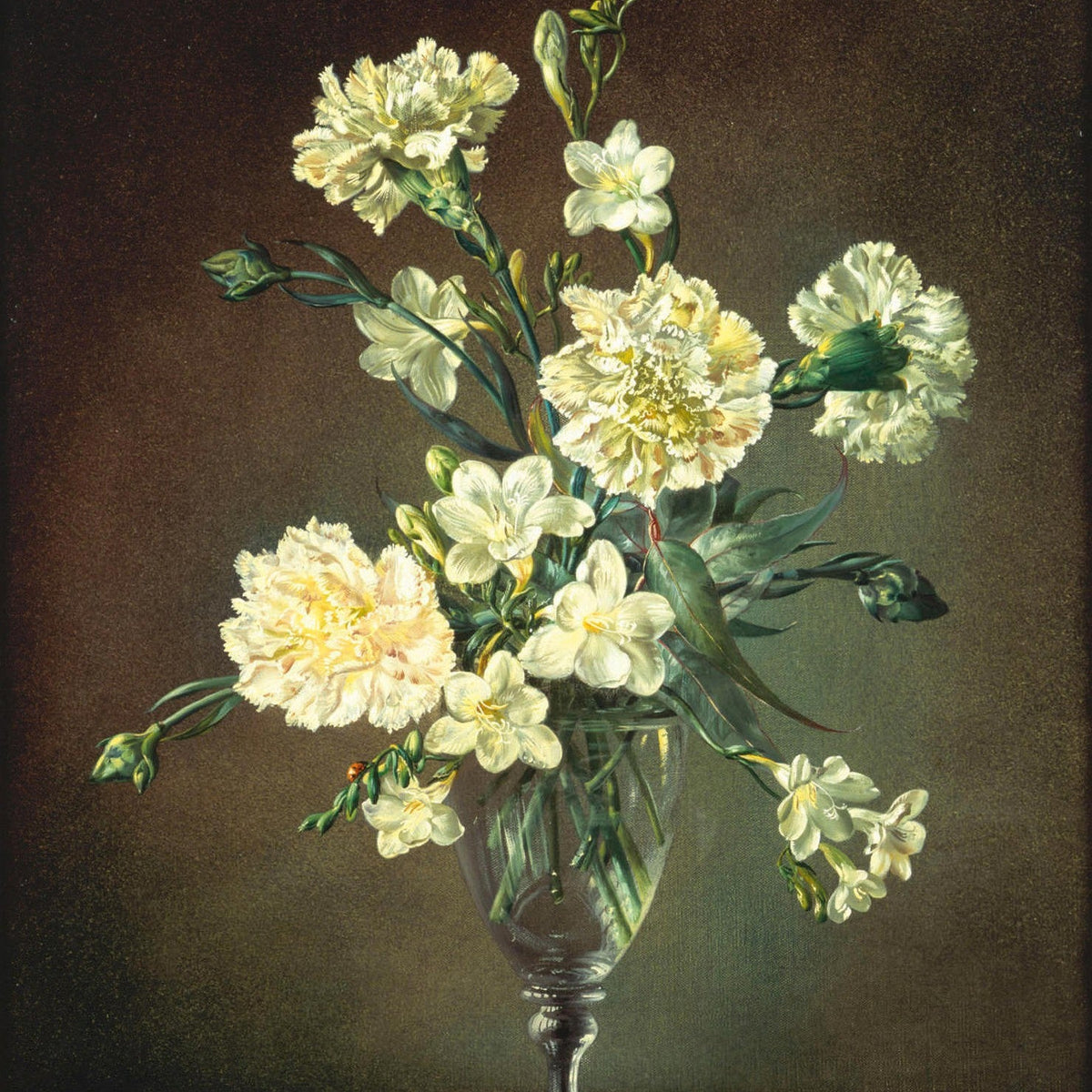 Floral Oil Painting - White Carnations in Glass Vase Still Life - Oil Painting Haven