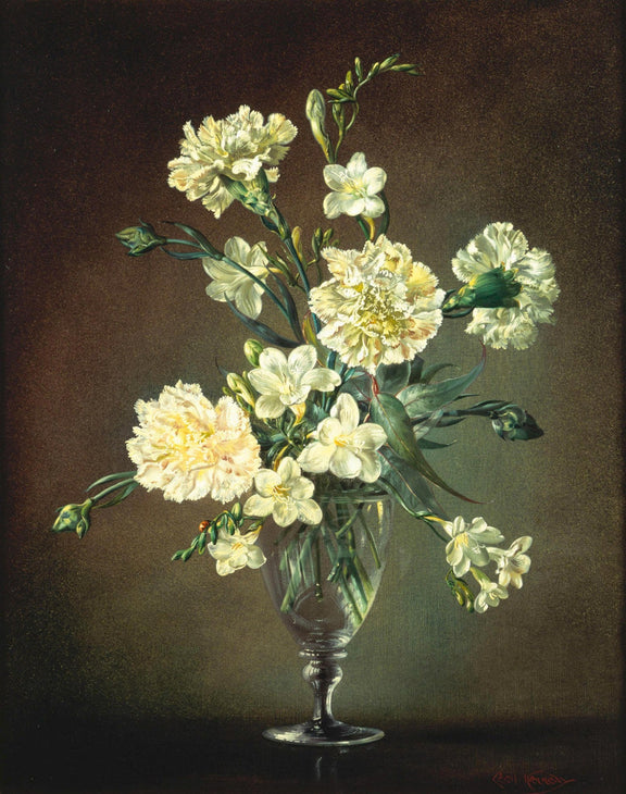 Floral Oil Painting - White Carnations in Glass Vase Still Life - Oil Painting Haven