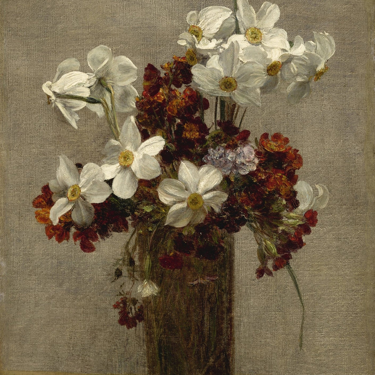 Floral Oil Painting - White Daffodils and Red Blooms