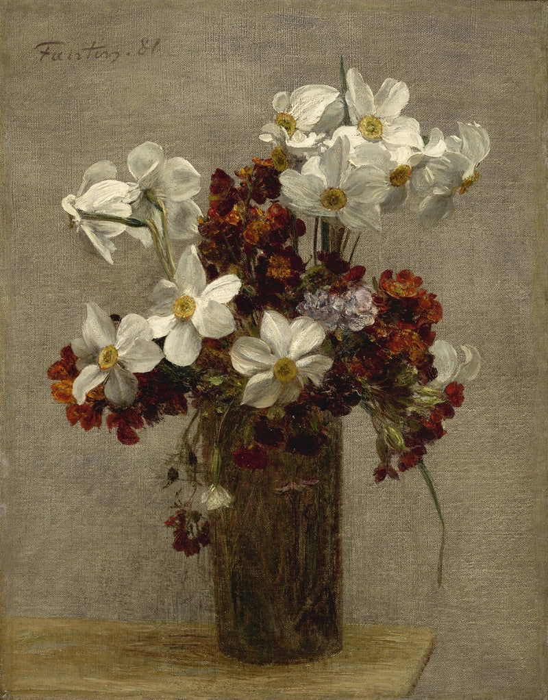 Floral Oil Painting - White Daffodils and Red Blooms