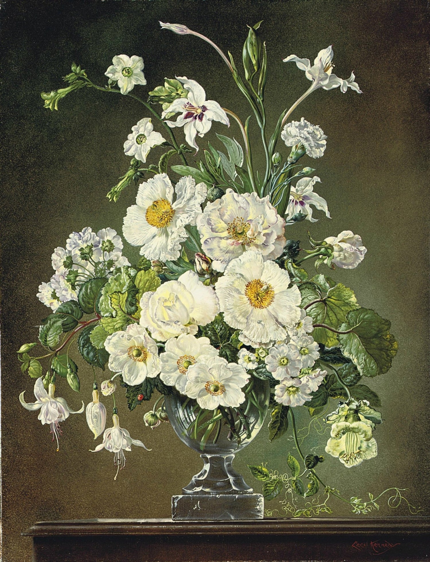 Floral Oil Painting - White Flowers in Glass Vase Still Life Art - Oil Painting Haven