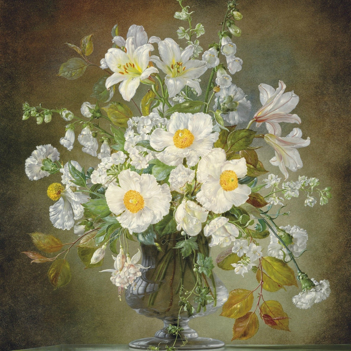 Floral Oil Painting - White Garden Flowers in Classic Vase - Oil Painting Haven