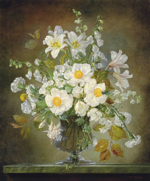 Floral Oil Painting - White Garden Flowers in Classic Vase - Oil Painting Haven