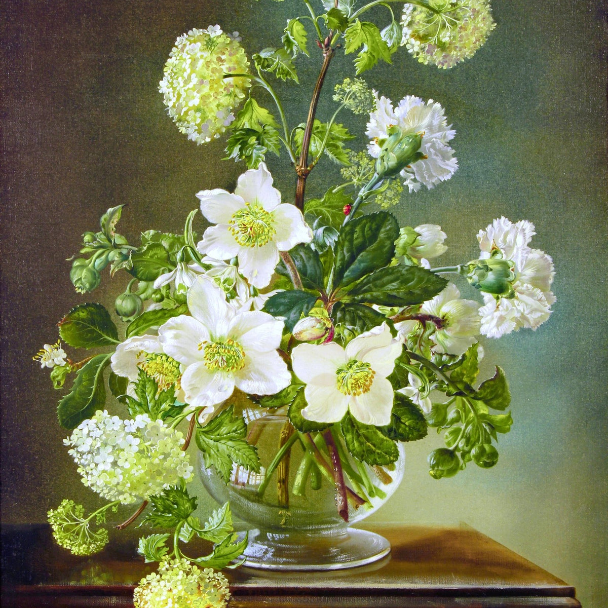 Floral Oil Painting - White Garden Flowers in Glass Vase Art - Oil Painting Haven