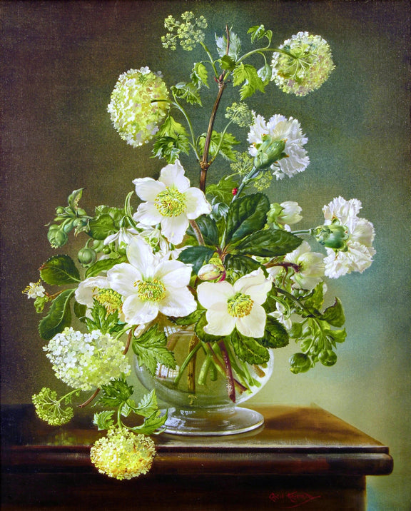 Floral Oil Painting - White Garden Flowers in Glass Vase Art - Oil Painting Haven