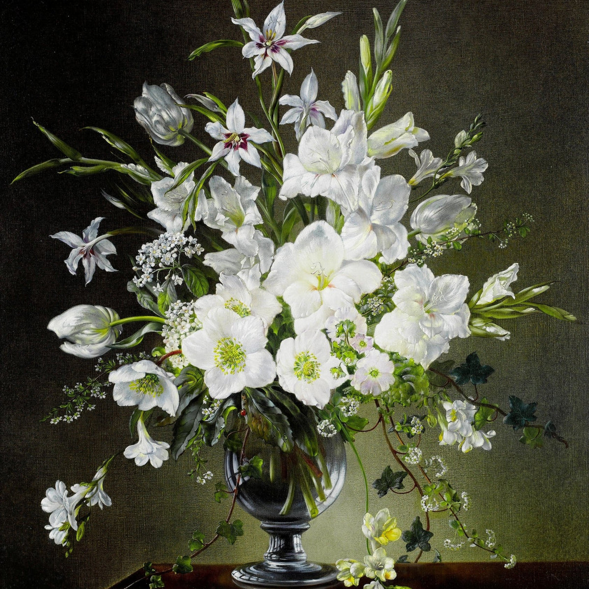 Floral Oil Painting - White Garden Flowers in Vase Still Life - Oil Painting Haven