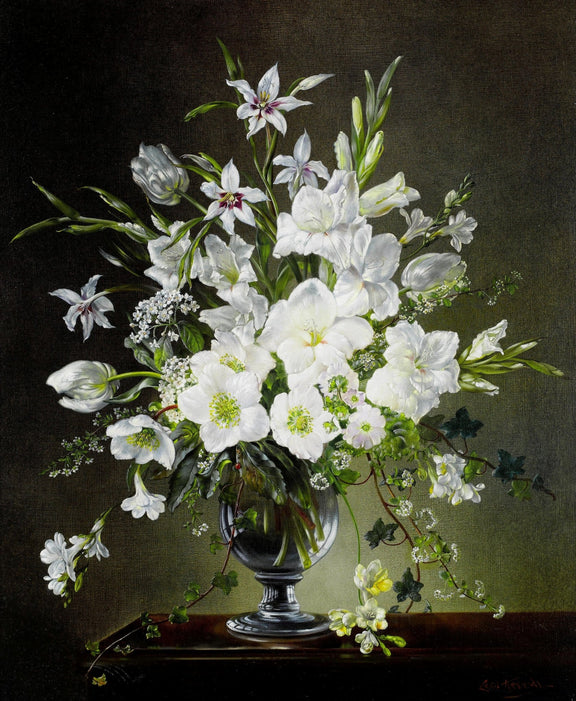 Floral Oil Painting - White Garden Flowers in Vase Still Life - Oil Painting Haven