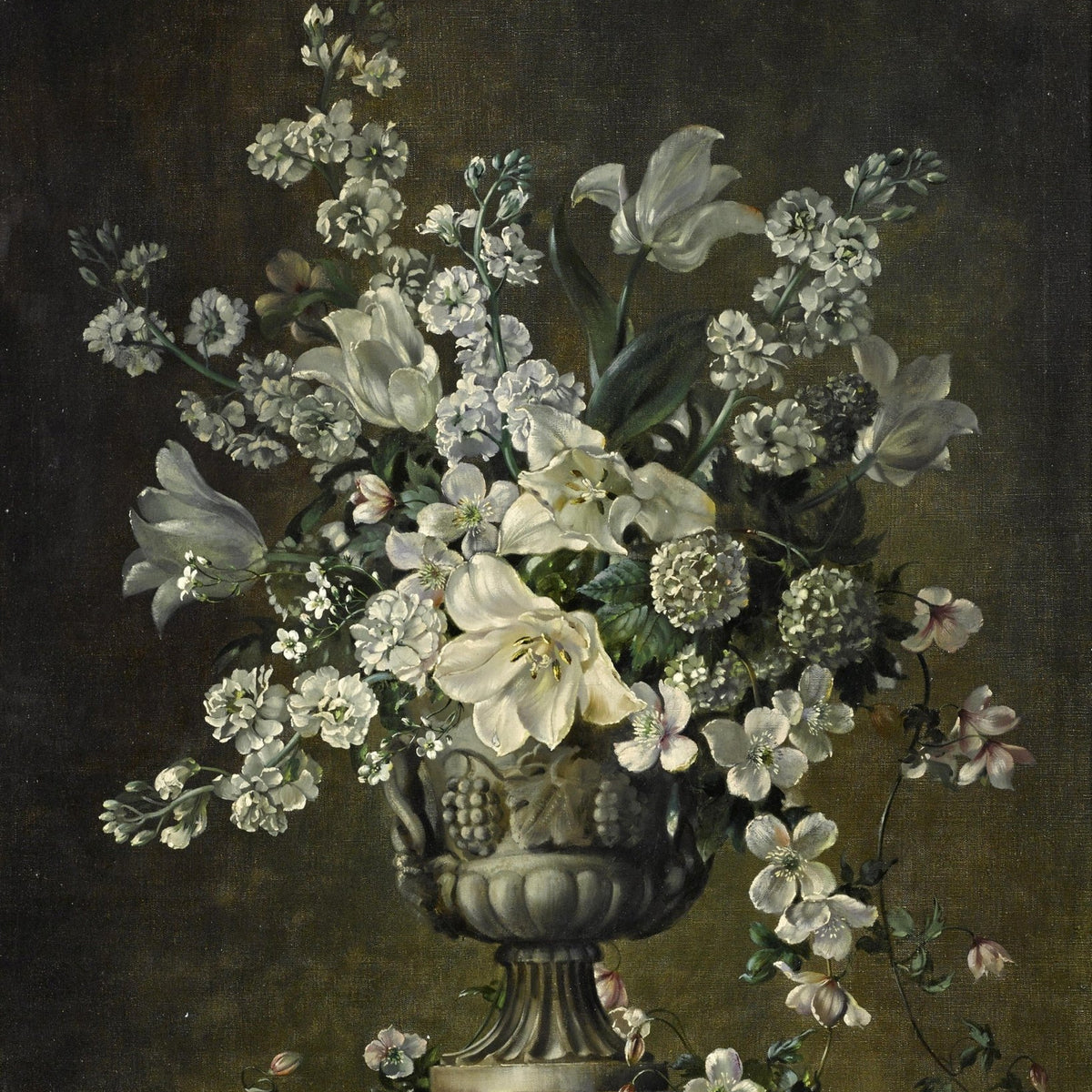 Floral Oil Painting - White Lily Bouquet in Classical Urn Art - Oil Painting Haven