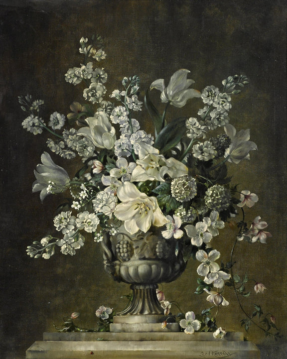 Floral Oil Painting - White Lily Bouquet in Classical Urn Art - Oil Painting Haven
