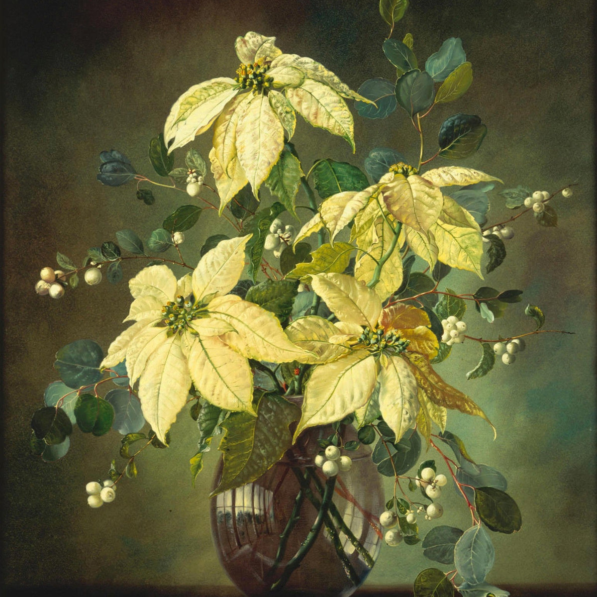 Floral Oil Painting - White Poinsettia Still Life in Glass Vase - Oil Painting Haven