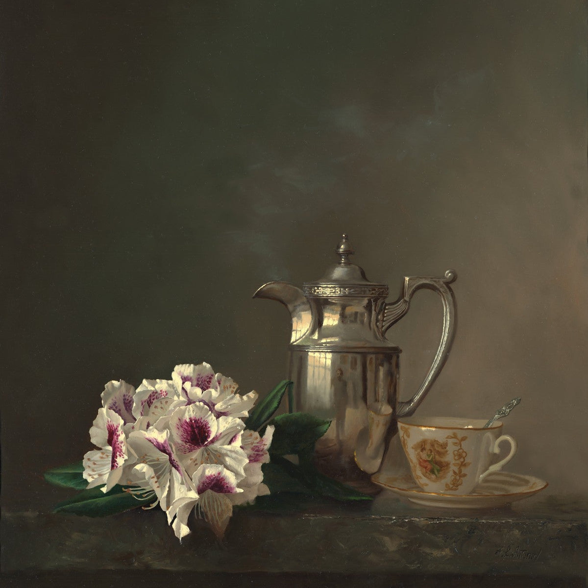 Floral Oil Painting - White Rhododendron and Silver Still Life - Oil Painting Haven