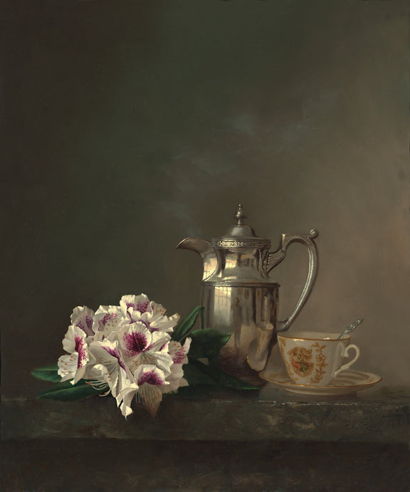 Floral Oil Painting - White Rhododendron and Silver Still Life - Oil Painting Haven