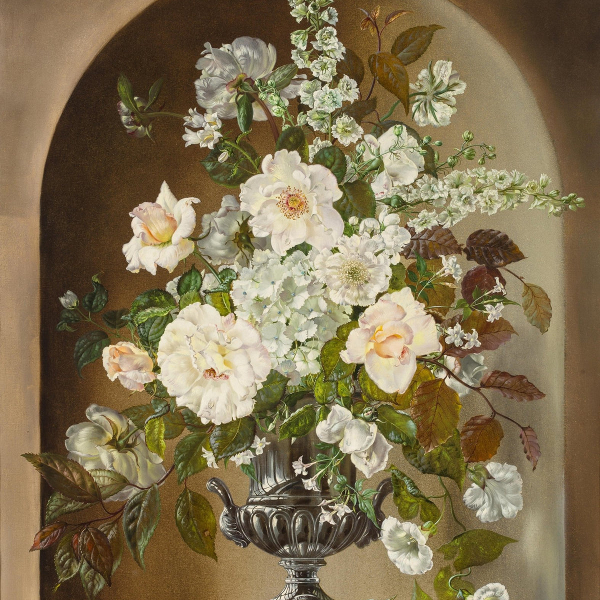 Floral Oil Painting - White Rose Bouquet in Classical Urn Art - Oil Painting Haven