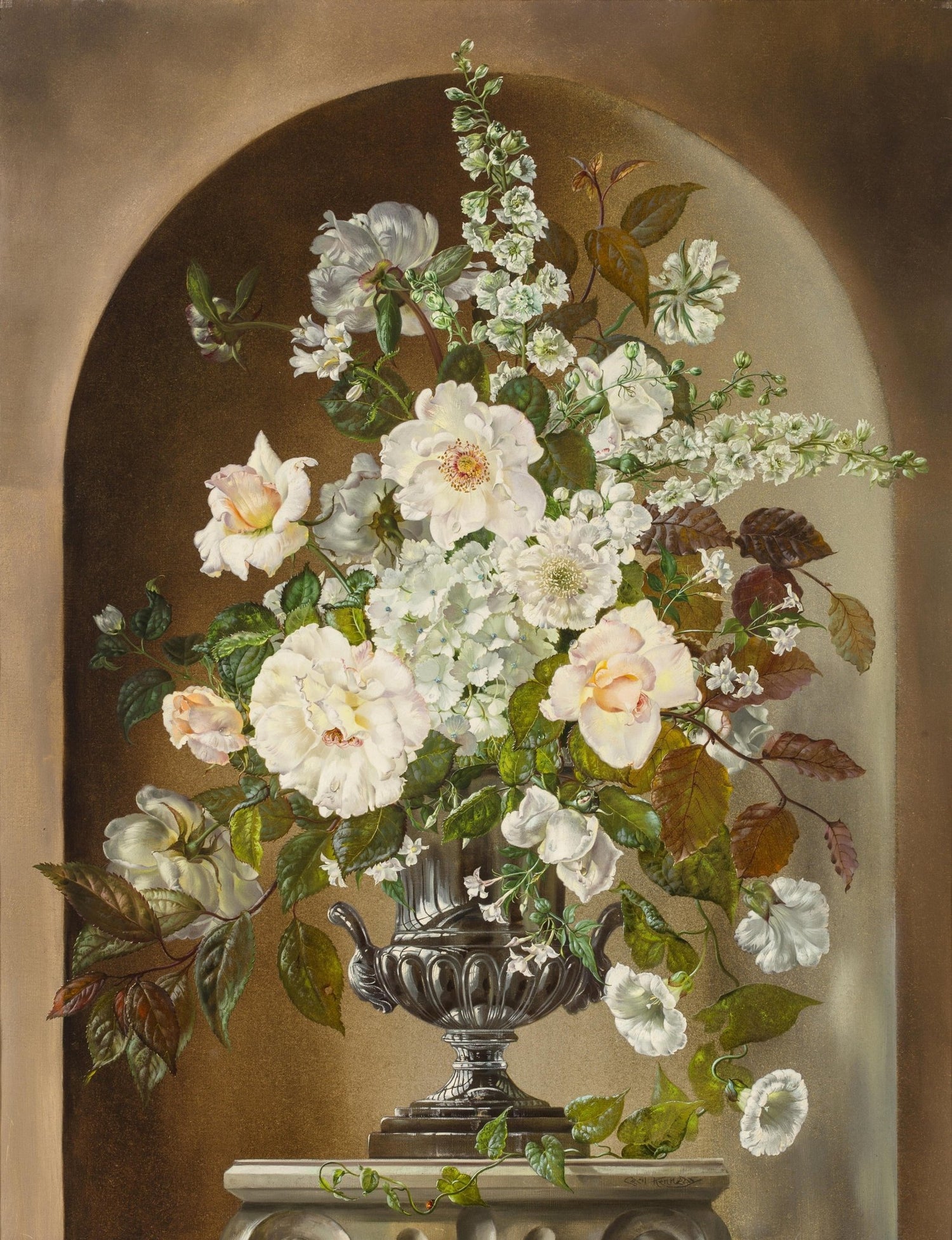Floral Oil Painting - White Rose Bouquet in Classical Urn Art - Oil Painting Haven
