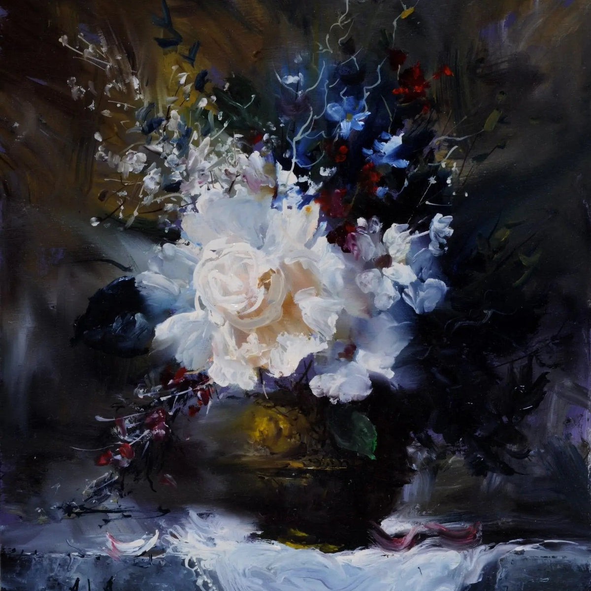 Floral Oil Painting - White Rose Bouquet in Dark Vase - Oil Painting Haven