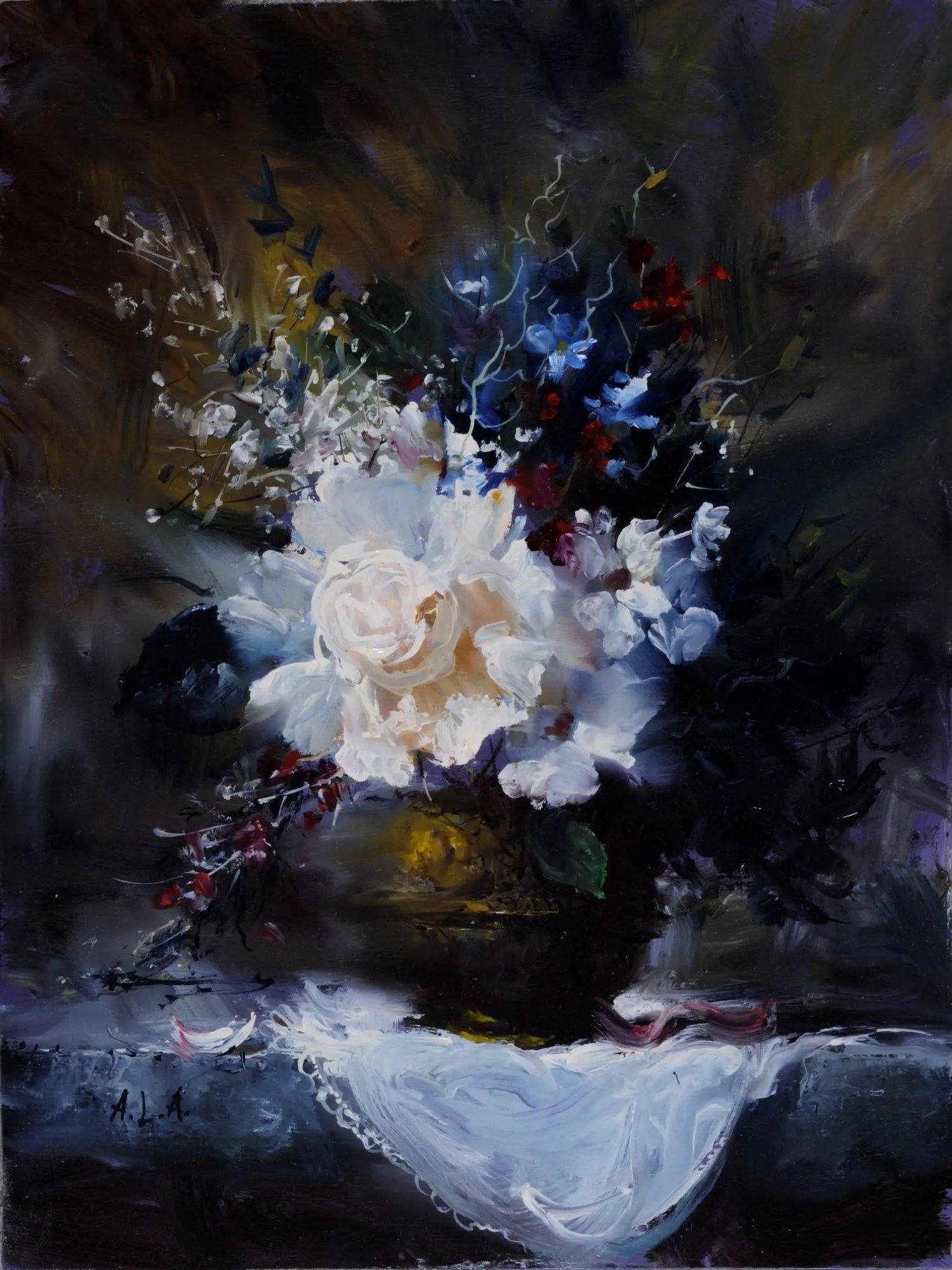 Floral Oil Painting - White Rose Bouquet in Dark Vase - Oil Painting Haven