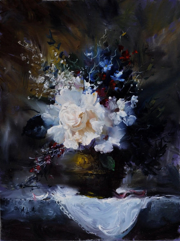 Floral Oil Painting - White Rose Bouquet in Dark Vase - Oil Painting Haven