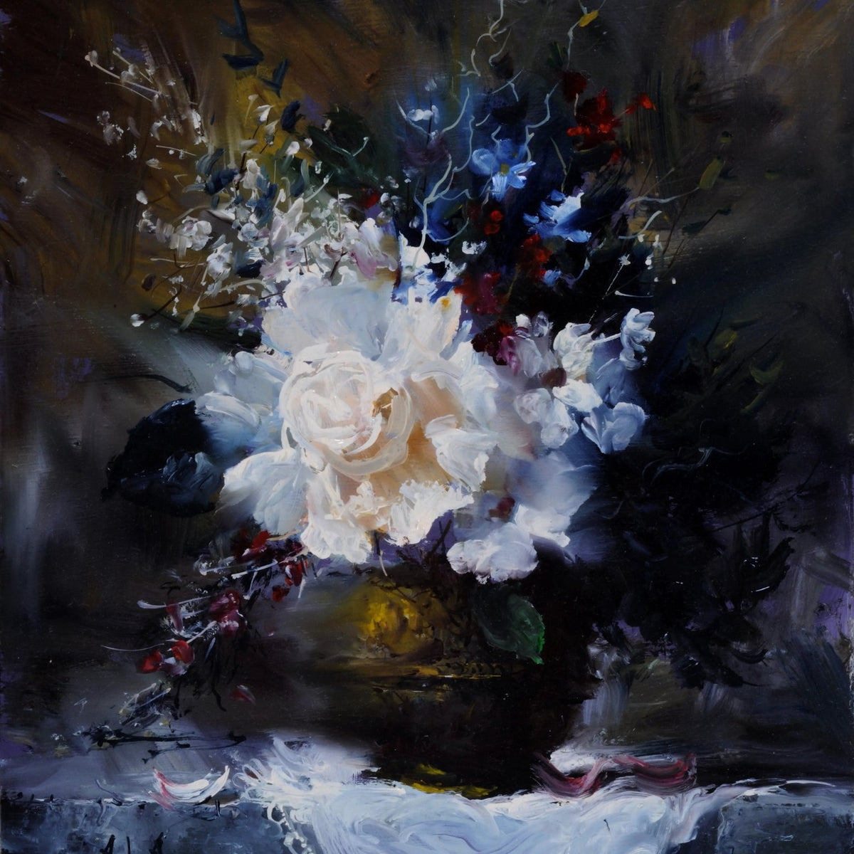 Floral Oil Painting - White Rose Bouquet with Dark Background - Oil Painting Haven