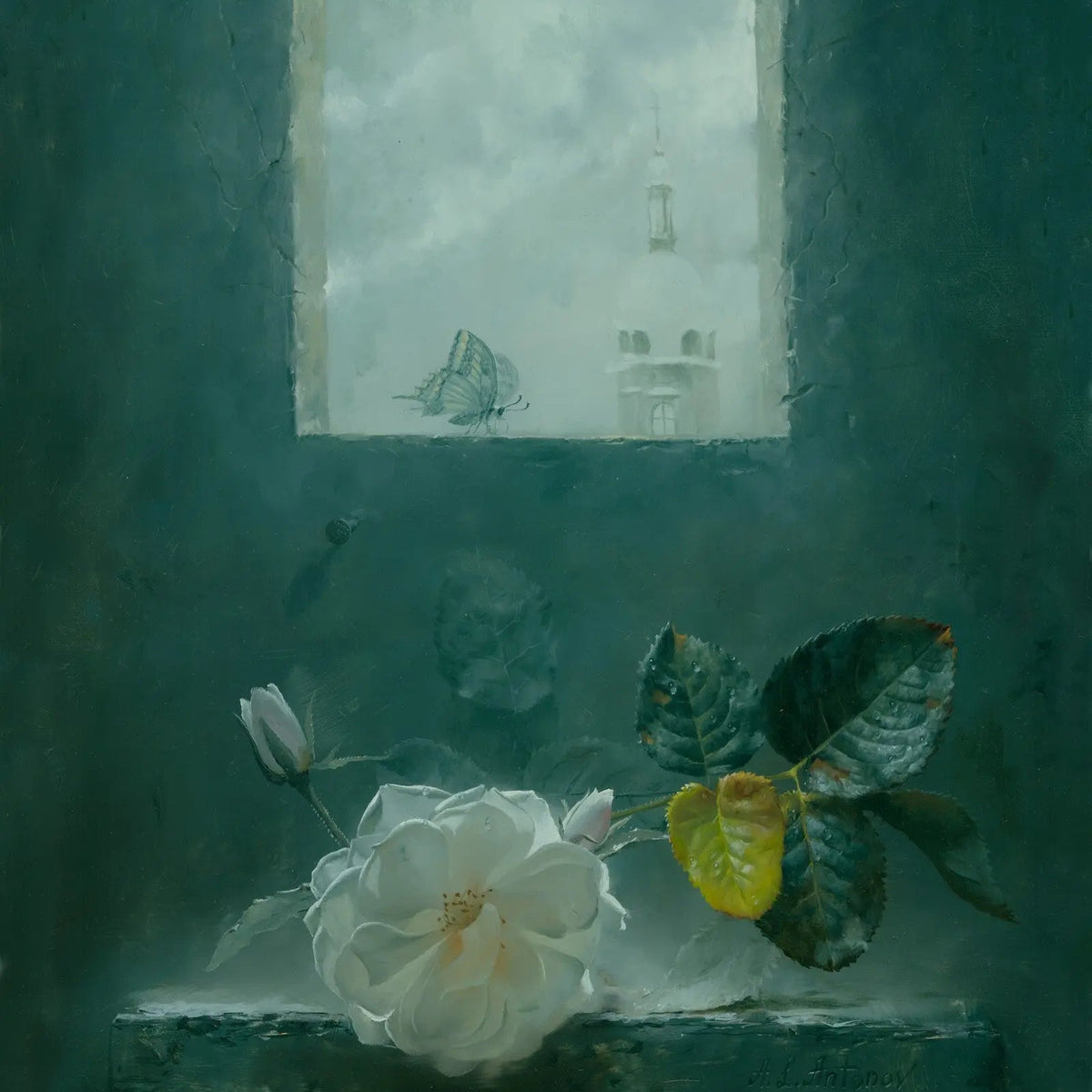 Floral Oil Painting - White Rose by Window with Butterfly - Oil Painting Haven