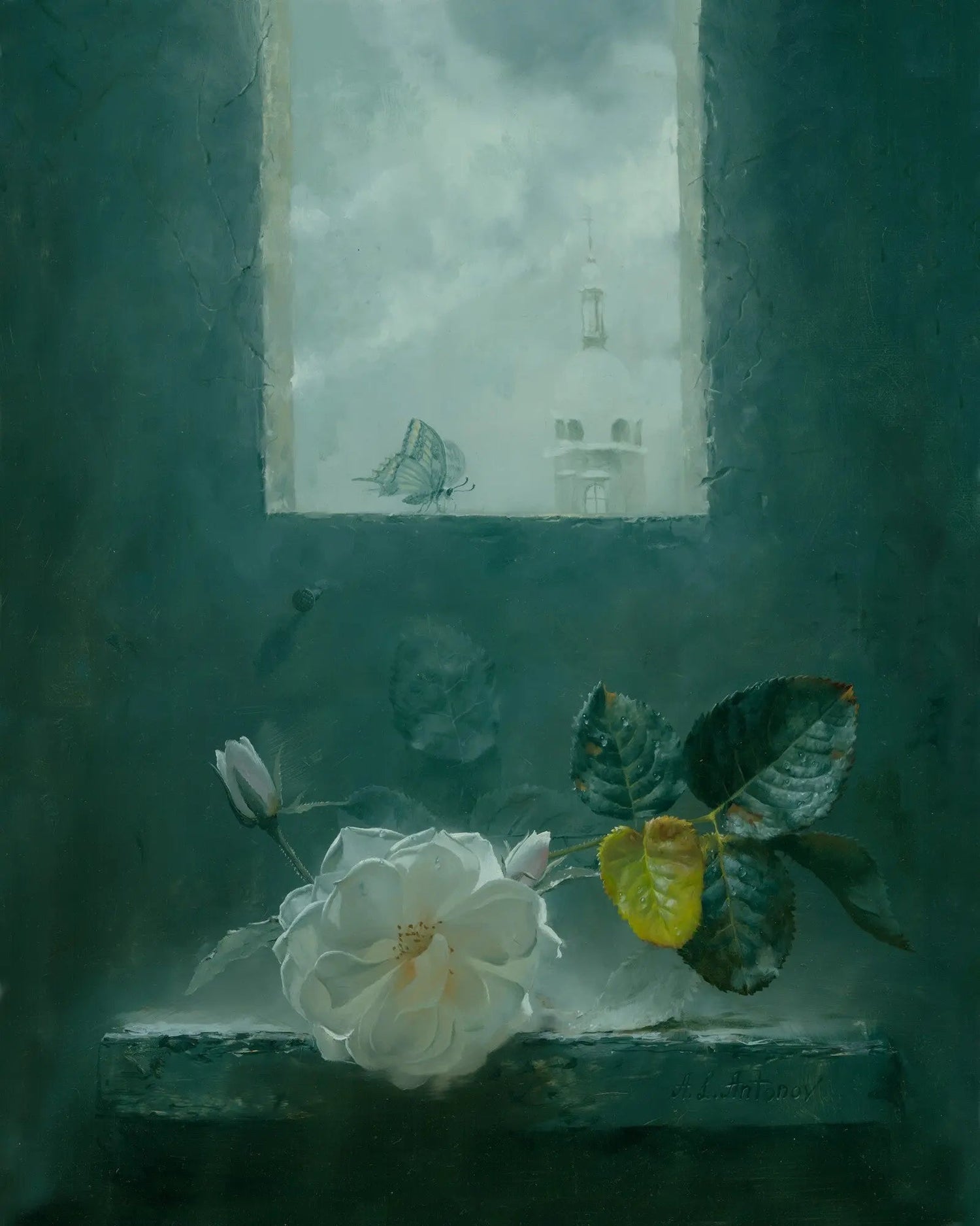 Floral Oil Painting - White Rose by Window with Butterfly - Oil Painting Haven