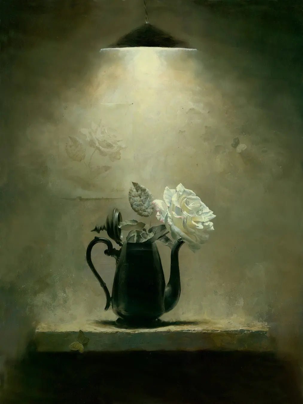 Floral Oil Painting - White Rose in Dark Teapot - Oil Painting Haven
