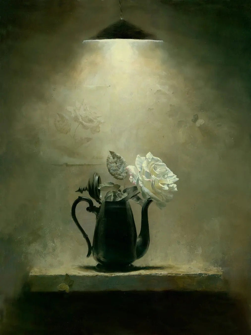Floral Oil Painting - White Rose in Dark Teapot - Oil Painting Haven