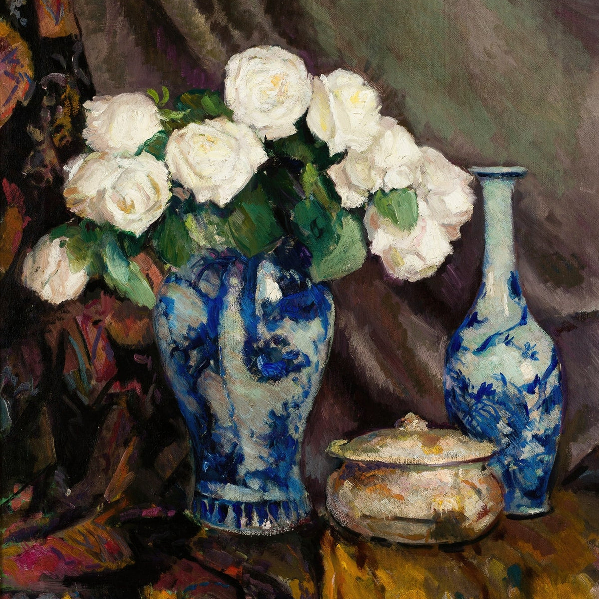 Floral Oil Painting - White Roses in Blue Porcelain Vase Art - Oil Painting Haven