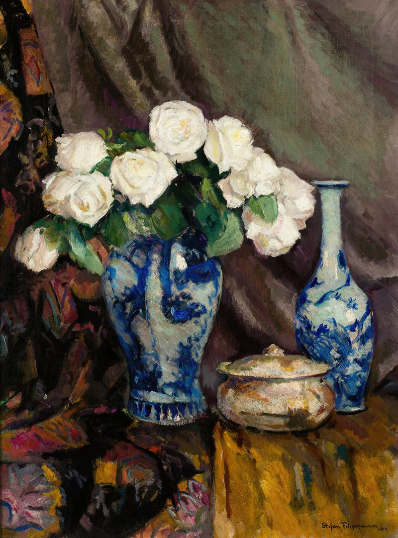 Floral Oil Painting - White Roses in Blue Porcelain Vase Art - Oil Painting Haven
