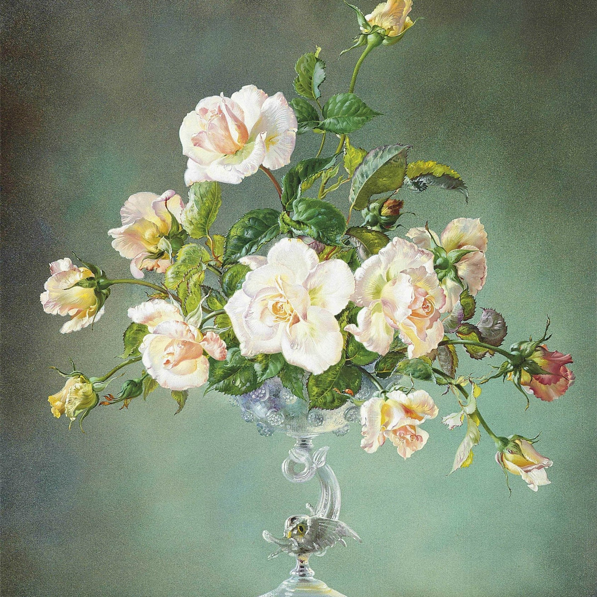 Floral Oil Painting - White Roses in Crystal Vase Still Life - Oil Painting Haven