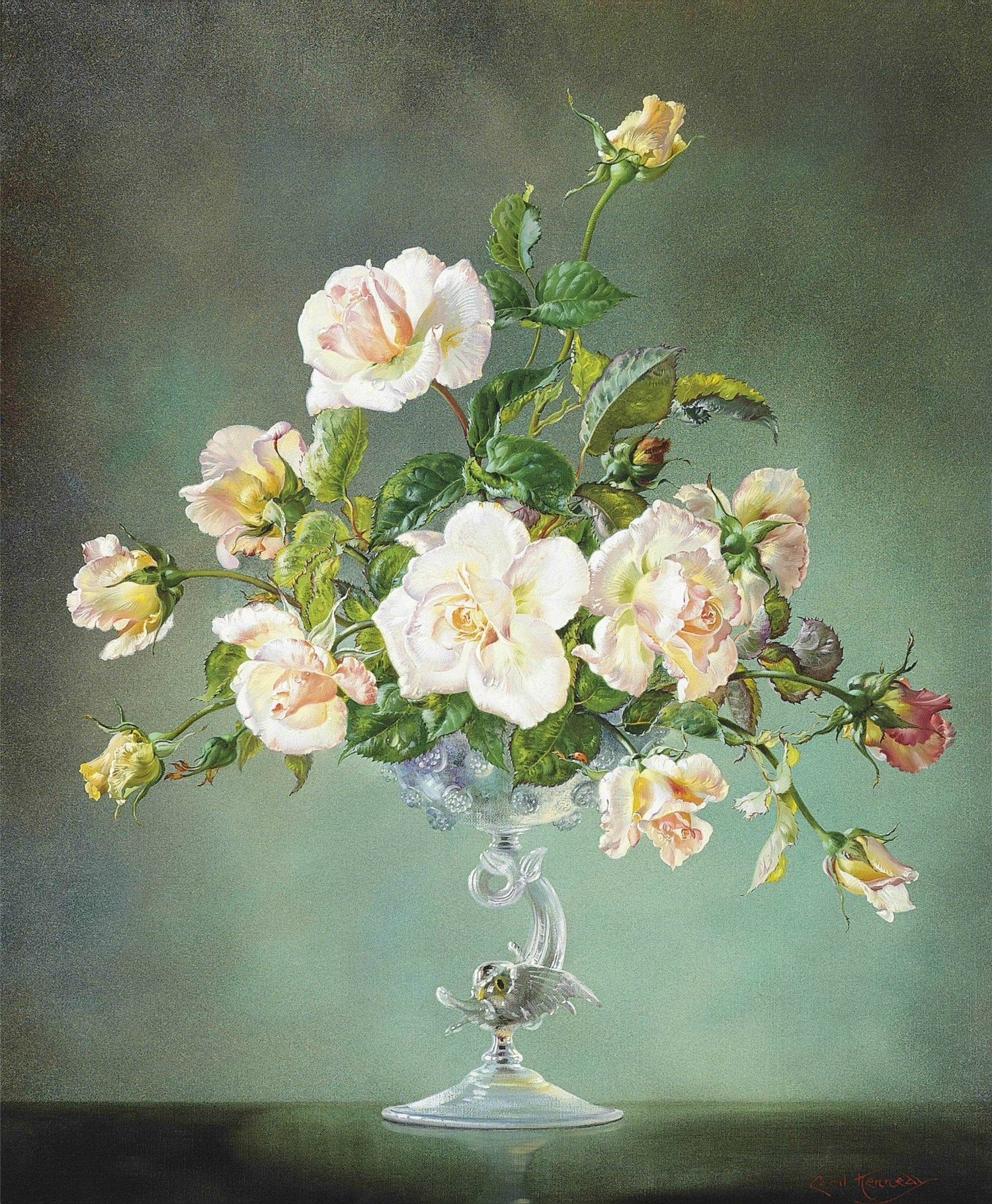 Floral Oil Painting - White Roses in Crystal Vase Still Life - Oil Painting Haven
