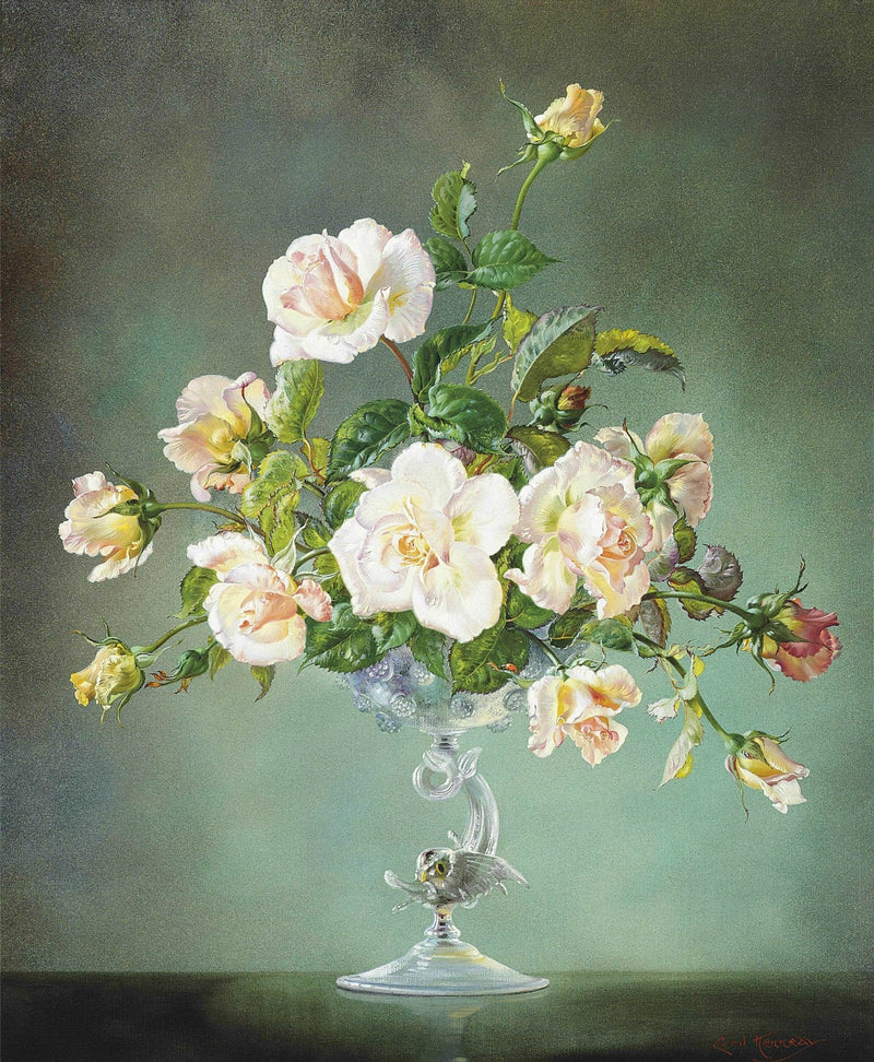 Floral Oil Painting - White Roses in Crystal Vase Still Life - Oil Painting Haven