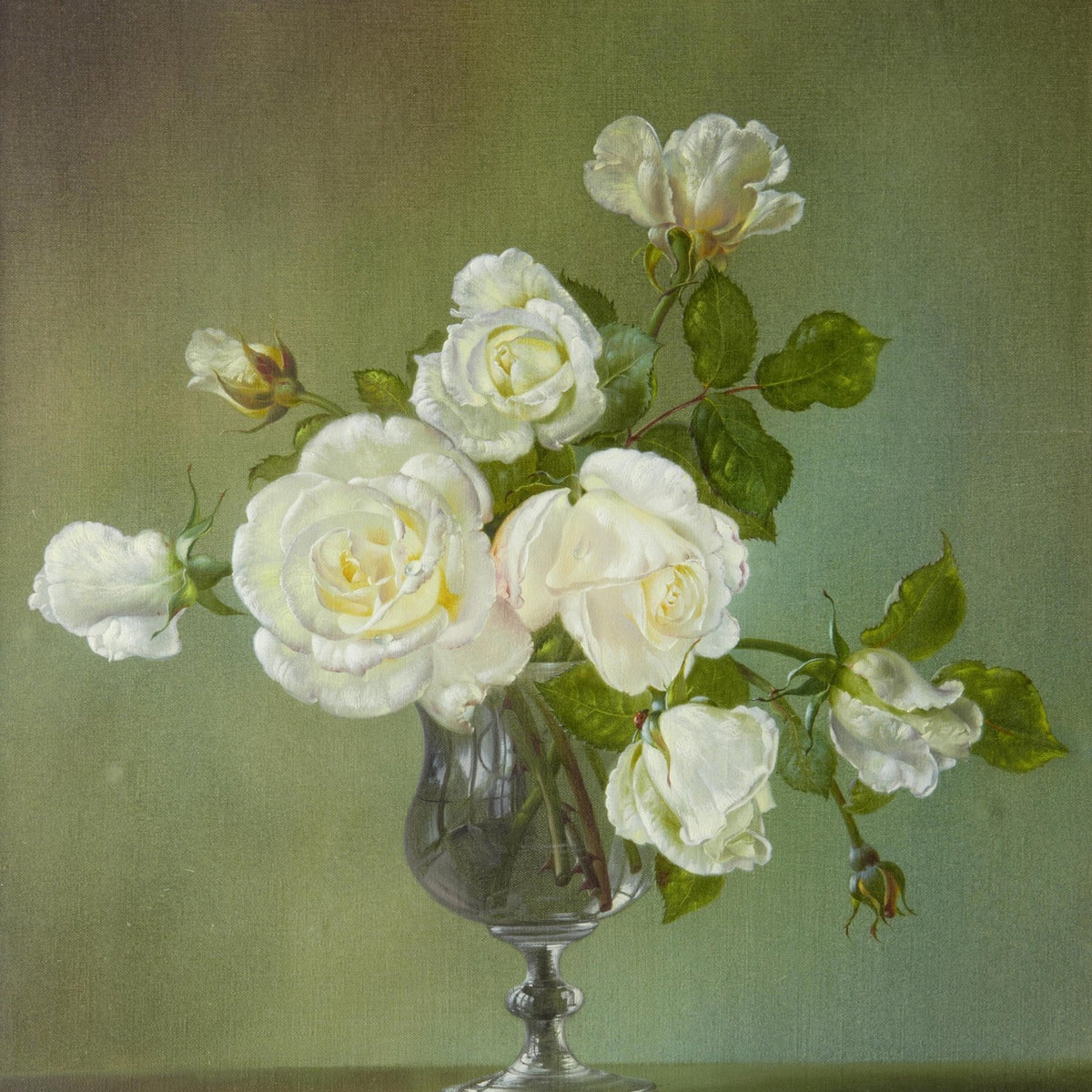 Floral Oil Painting - White Roses in Elegant Glass Vase Still - Oil Painting Haven