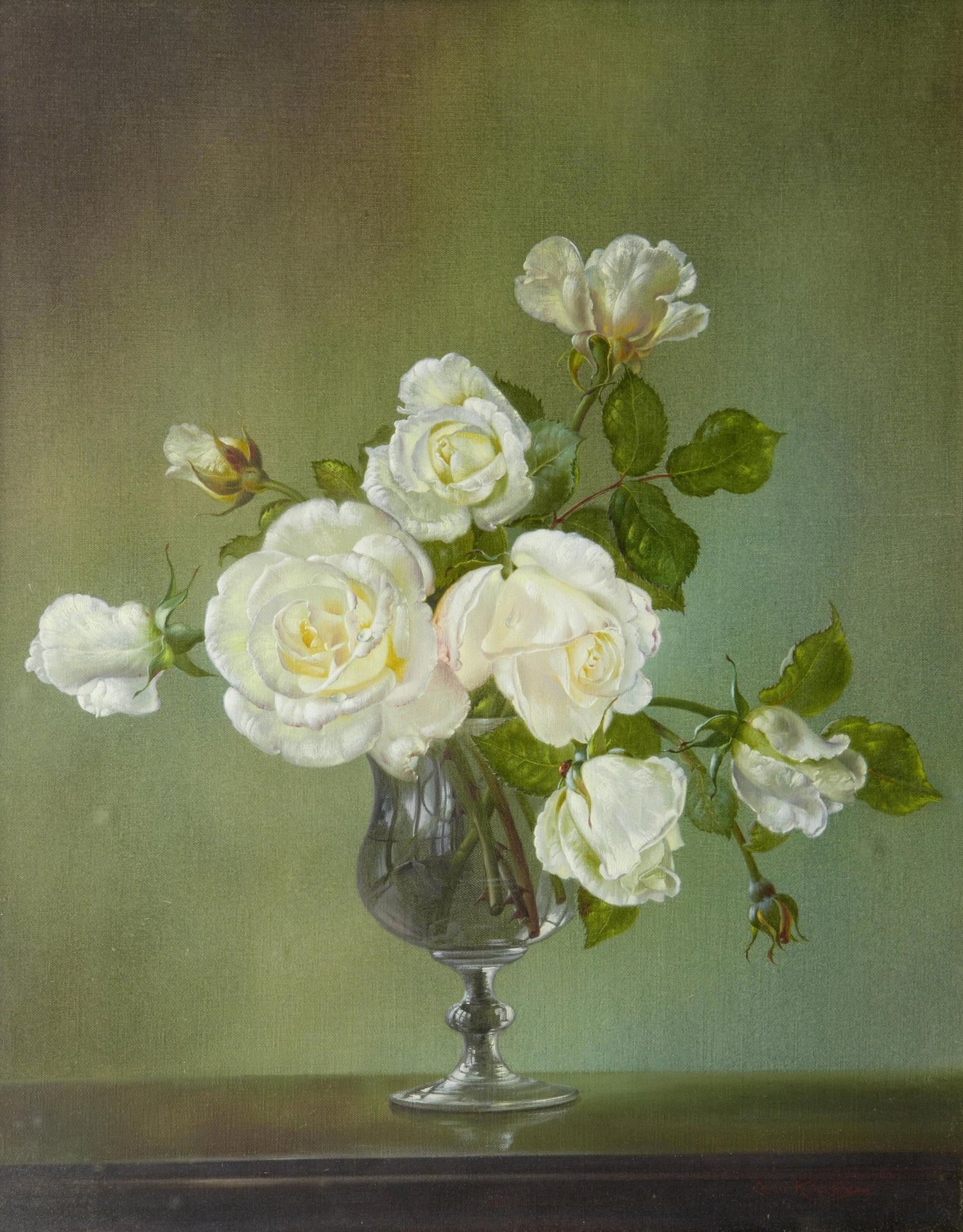 Floral Oil Painting - White Roses in Elegant Glass Vase Still - Oil Painting Haven