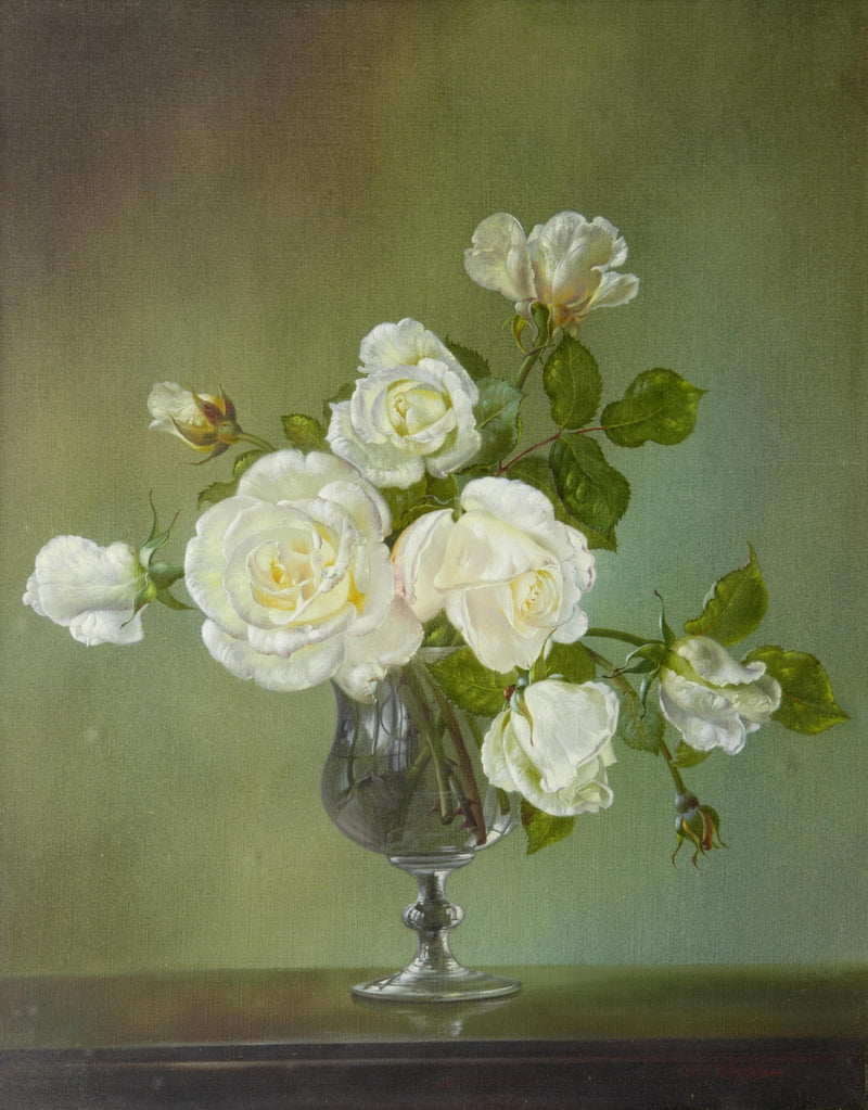 Floral Oil Painting - White Roses in Elegant Glass Vase Still - Oil Painting Haven