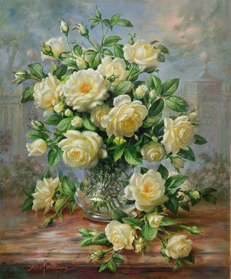 Floral Oil Painting - White Roses in Glass Vase Garden View