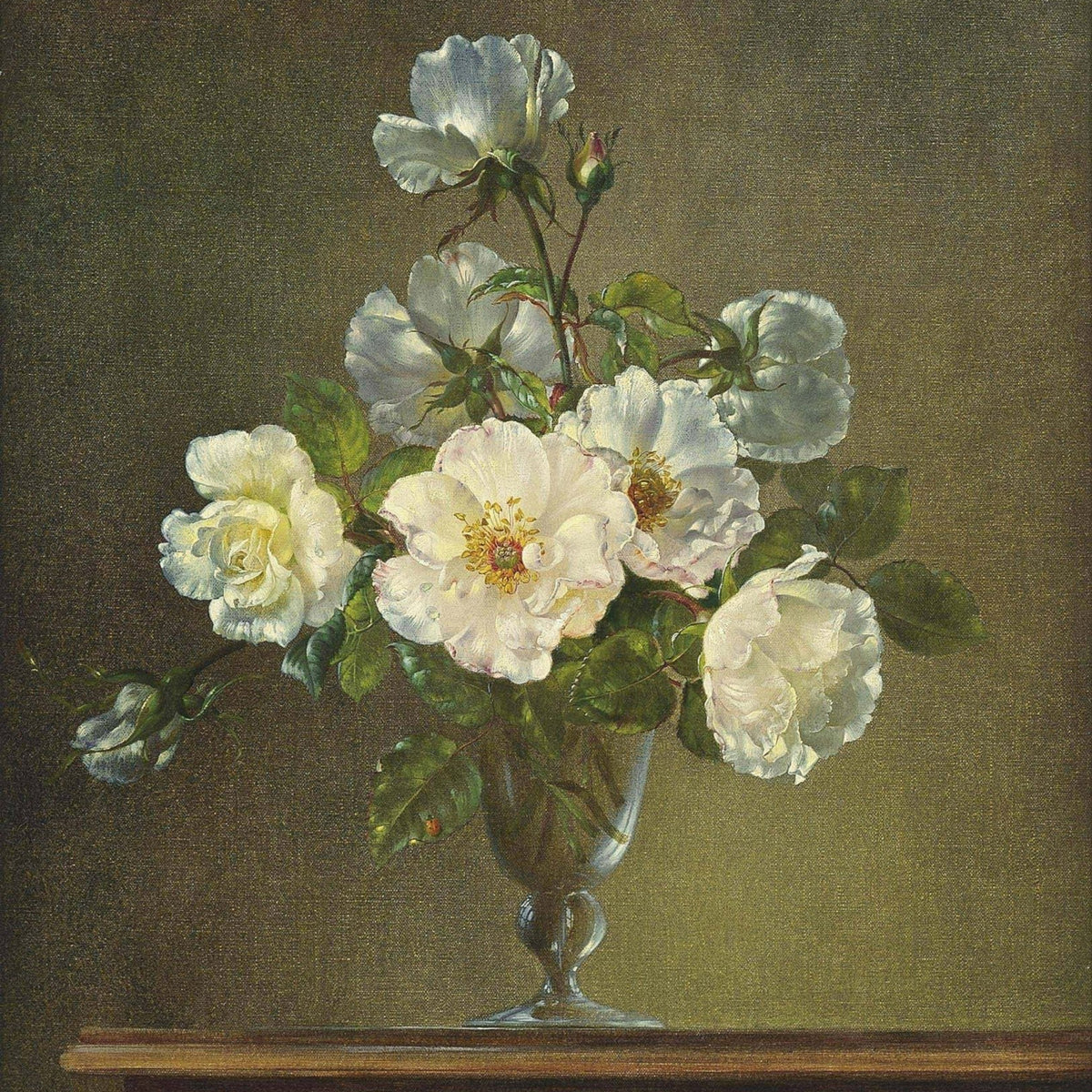 Floral Oil Painting - White Roses in Glass Vase Still Life Art - Oil Painting Haven