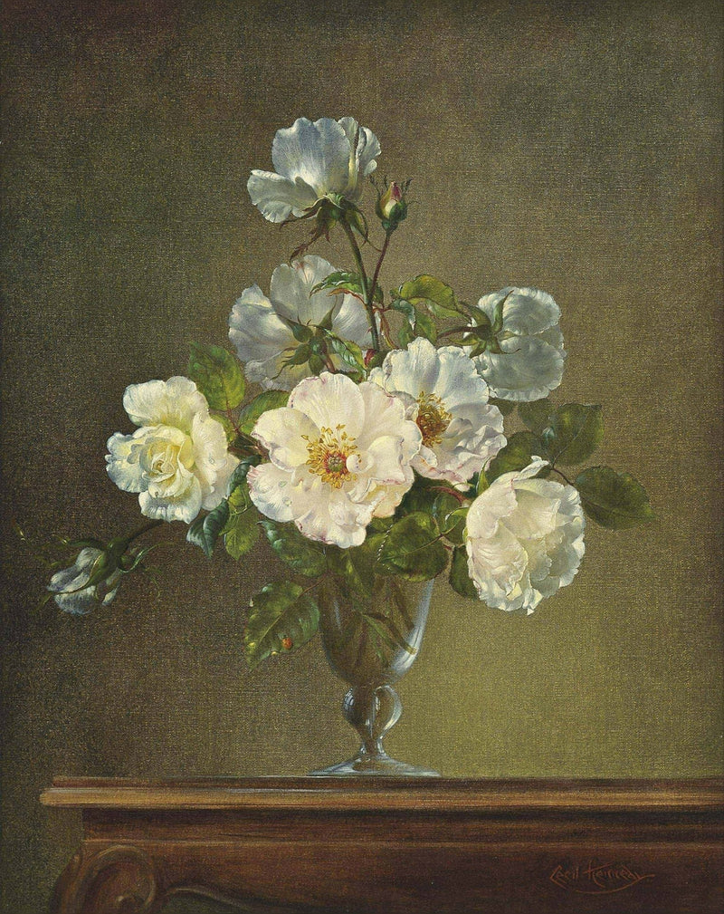 Floral Oil Painting - White Roses in Glass Vase Still Life Art - Oil Painting Haven