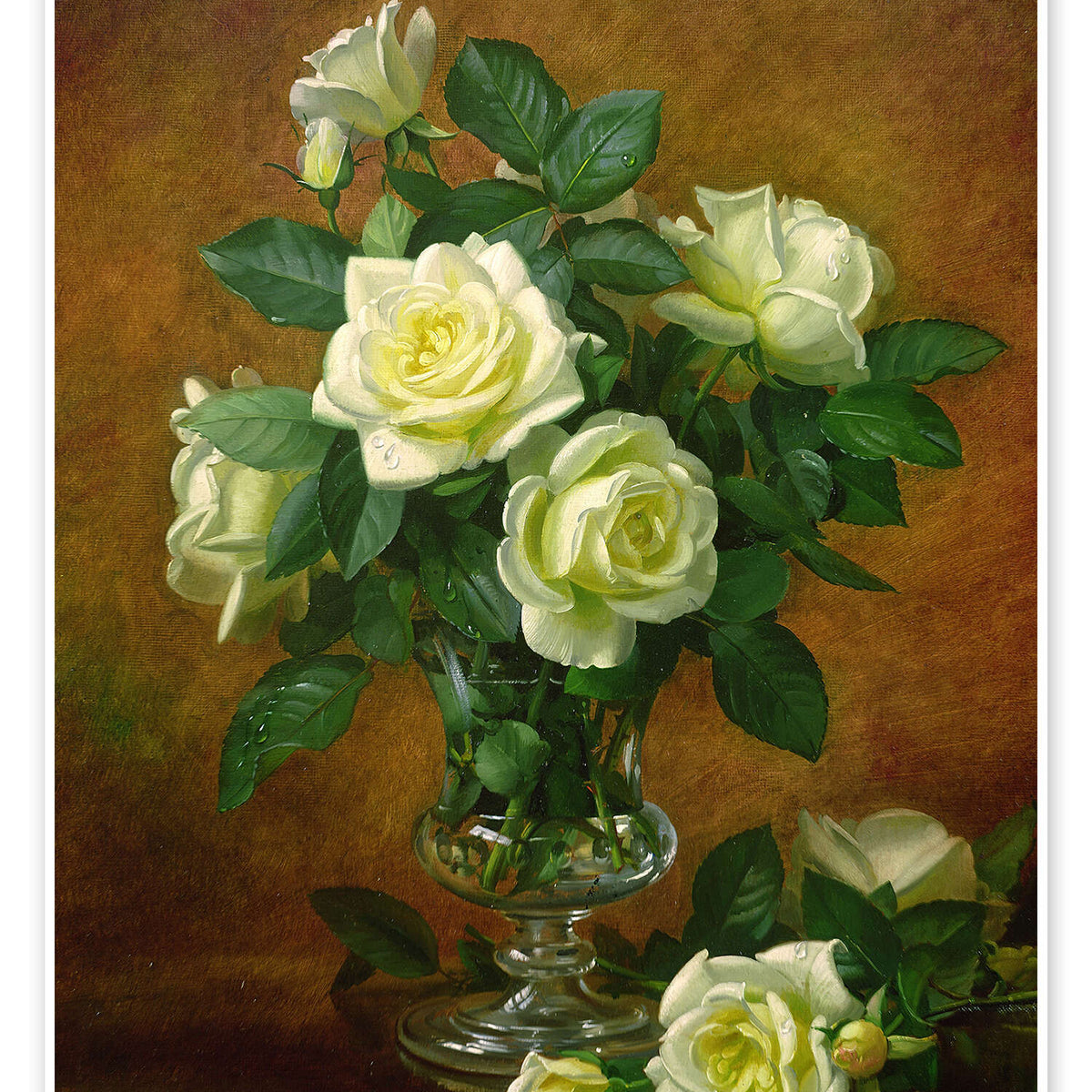 Blumen-Ölgemälde – Weiße Rosen in Glasvase Stillleben
